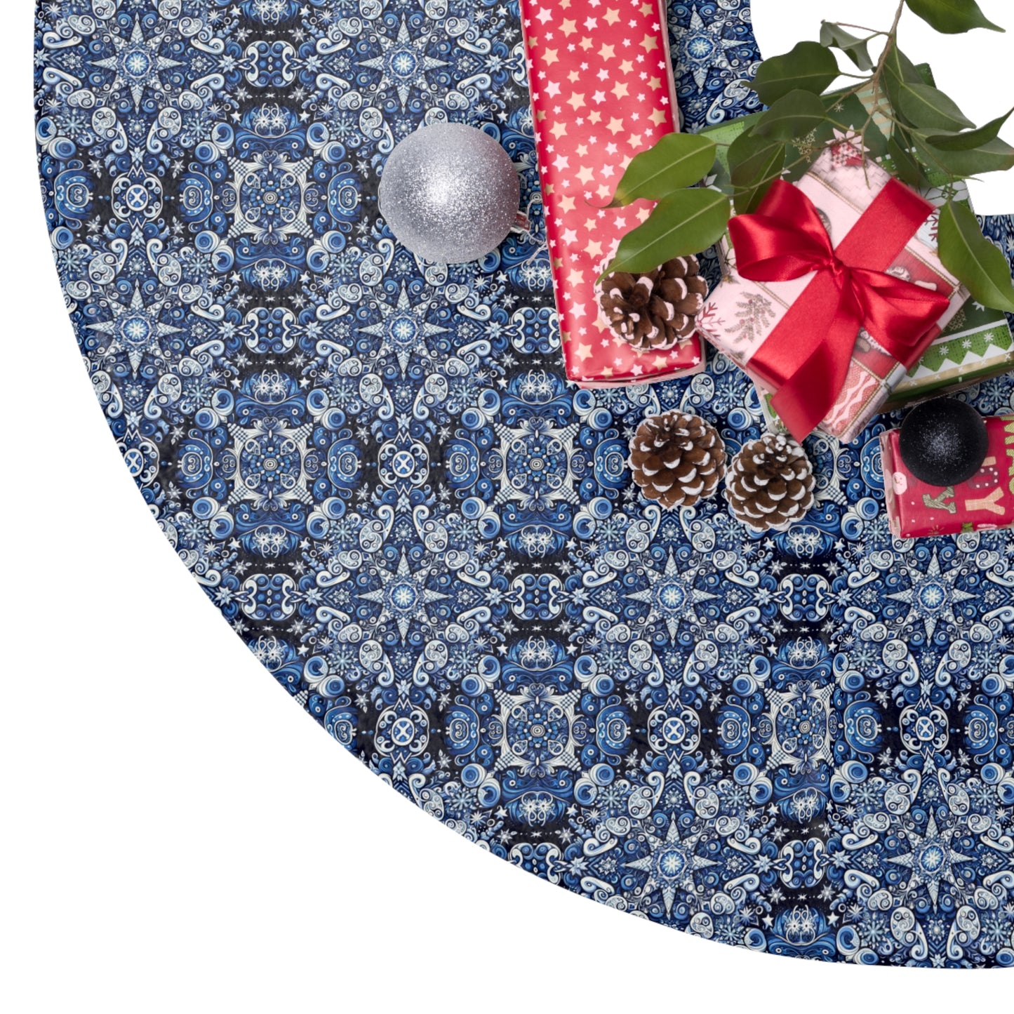 Blue Holiday Tree Skirt — Festive Patterned Christmas Tree Skirt